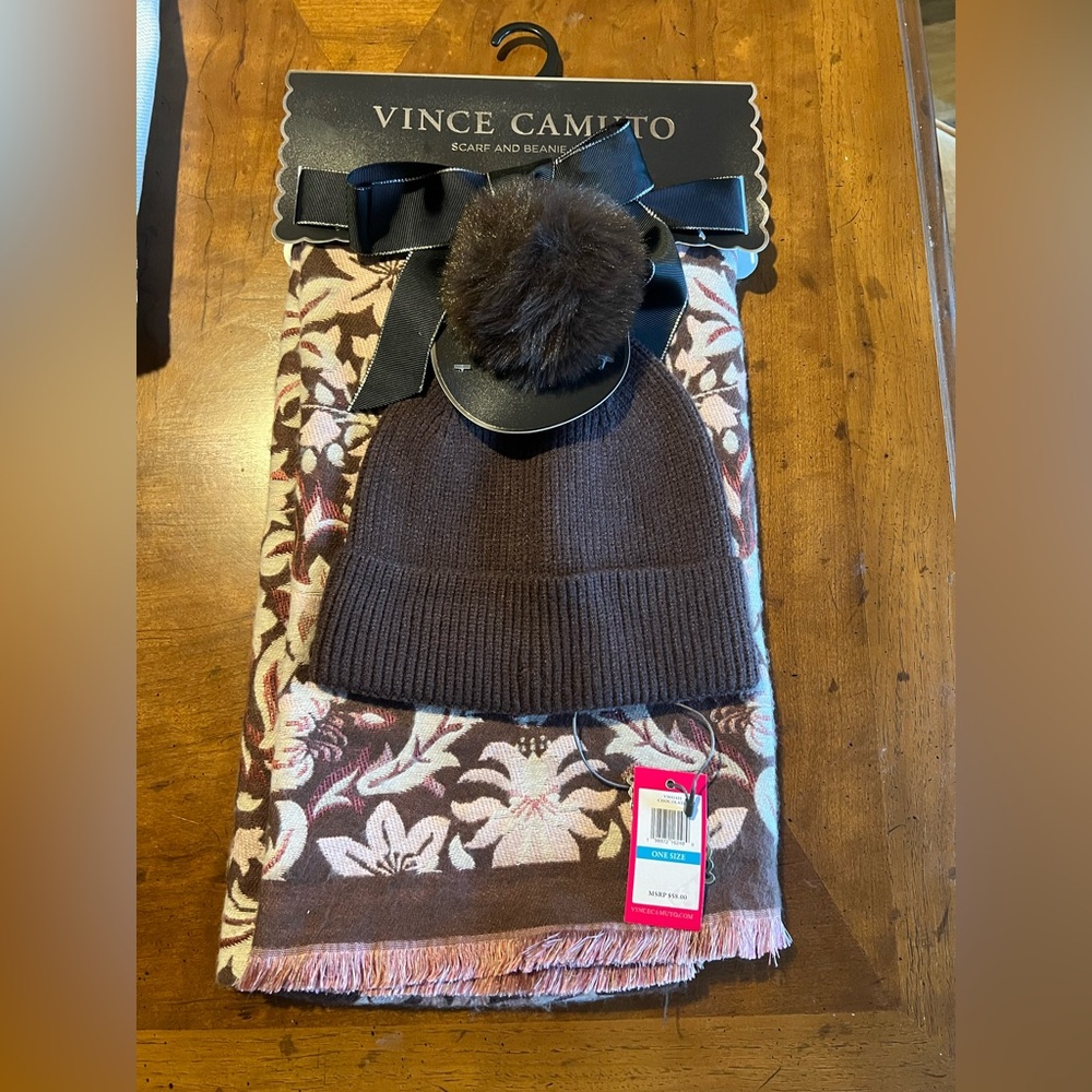 NWT Vince Camuto Chocolate Floral Scarf and Beanie Set